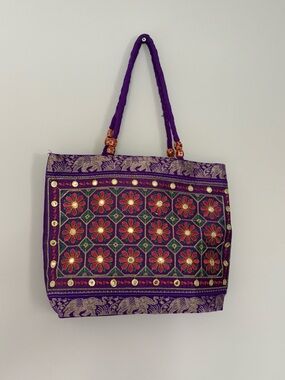 Purple Embroidered Floral Tote Bag